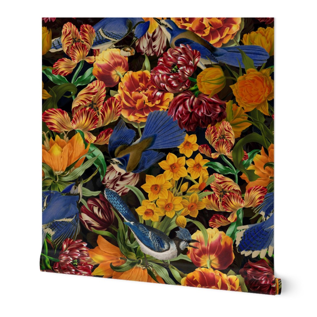 Blue Bird With Yellow Hand Painted Daffodils,Nostalgic Tulip Black Double Layer