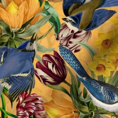 Blue Bird With Yellow Hand Painted Daffodils,Nostalgic Tulip Yellow Double Layer