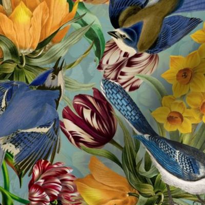 Blue Bird With Yellow Hand Painted Daffodils,Nostalgic Tulip  Teal Turquoise Double Layer