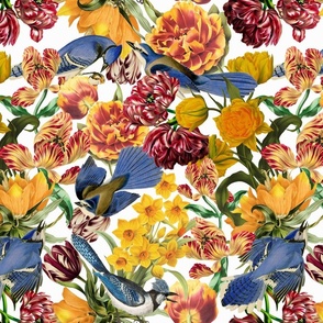 Blue Bird With Yellow Hand Painted Daffodils,Nostalgic Tulip  Off White