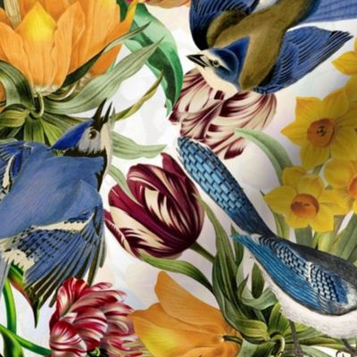 Blue Bird With Yellow Hand Painted Daffodils,Nostalgic Tulip Off White Double Layer