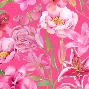 Lilies Peonies And Butterfly Pastel Pink Botanical Pattern On Fuchsia Background