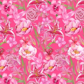 Lilies Peonies And Butterfly Pastel Pink Botanical Pattern On Fuchsia Background Smaller Scale