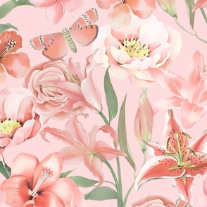 Lilies Peonies And Butterfly Botanical Pattern In Blush Pink And Peach