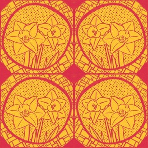 Red and Yellow Daffodil Block Print