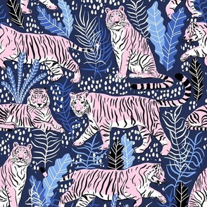 Pink Tigers on blue background fabric, wallpaper year of the tiger