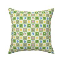 St. Patty's Symbols on Checker Board, Rainbow, Horseshoe, Heart, Clover, Lucky Fabric Light Green Background, Festive Marshmellow