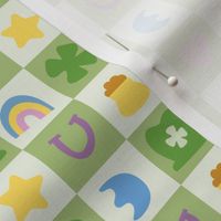 St. Patty's Symbols on Checker Board, Rainbow, Horseshoe, Heart, Clover, Lucky Fabric Light Green Background, Festive Marshmellow
