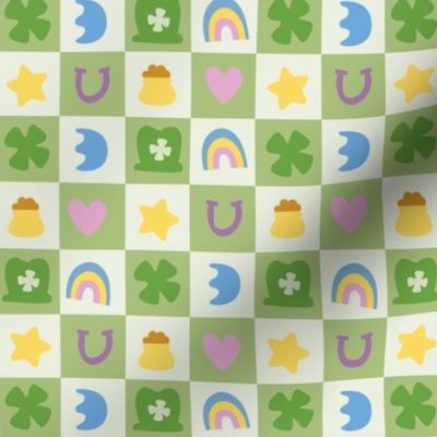 St. Patty's Symbols on Checker Board, Rainbow, Horseshoe, Heart, Clover, Lucky Fabric Light Green Background, Festive Marshmellow