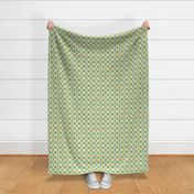 St. Patty's Symbols on Checker Board, Rainbow, Horseshoe, Heart, Clover, Lucky Fabric Light Green Background, Festive Marshmellow