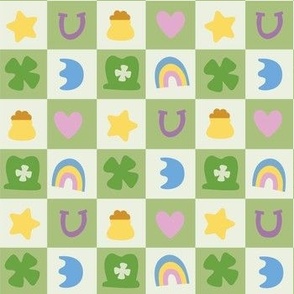St. Patty's Symbols on Checker Board, Rainbow, Horseshoe, Heart, Clover, Lucky Fabric Light Green Background, Festive Marshmellow
