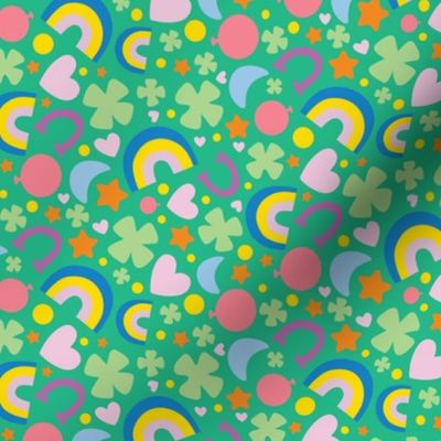 St. Patty's Symbols, Rainbow, Horseshoe, Heart, Clover, Lucky Fabric Green Background