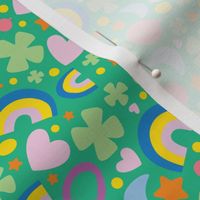 St. Patty's Symbols, Rainbow, Horseshoe, Heart, Clover, Lucky Fabric Green Background