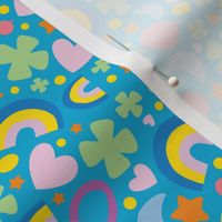 St. Patty's Symbols, Rainbow, Horseshoe, Heart, Clover, Lucky Fabric Light Blue Background