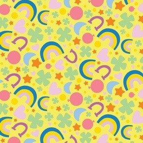 St. Patty's Symbols, Rainbow, Horseshoe, Heart, Clover, Lucky Fabric Yellow Background