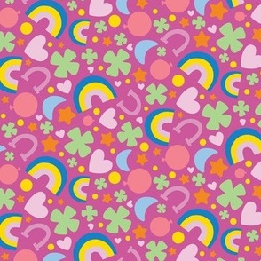 St. Patty's Symbols, Rainbow, Horseshoe, Heart, Clover, Lucky Fabric Pink Background