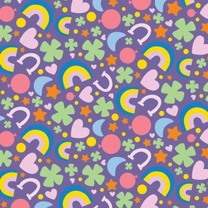 St. Patty's Symbols, Rainbow, Horseshoe, Heart, Clover, Lucky Fabric Purple Background