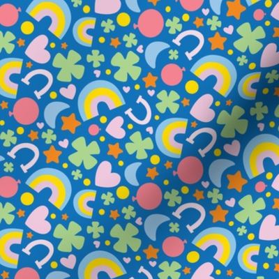 St. Patty's Symbols, Rainbow, Horseshoe, Heart, Clover, Lucky Fabric Blue Background