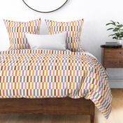 Long, rectangular boho check fabric in orange, yellow, brown, purple, gray and green 