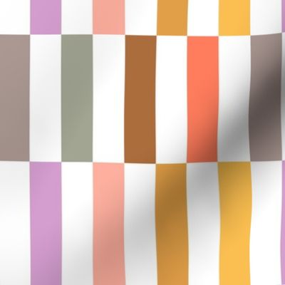 Long, rectangular boho check fabric in orange, yellow, brown, purple, gray and green 