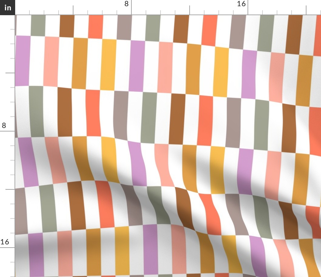 Long, rectangular boho check fabric in orange, yellow, brown, purple, gray and green 