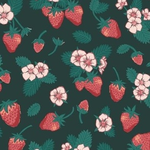 Painted Strawberries and Flowers on Deep Green