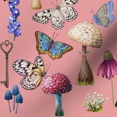 Mushrooms Flowers and Butterflies on Pink