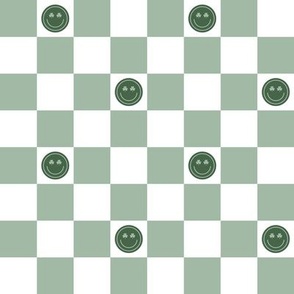 Retro Checkered Smiley Face, Vintage Green Shamrock Picnic Pattern, Checkerboard Clover 