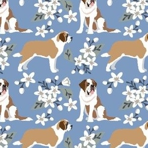 St Bernard dogs denim blue floral white flowers small print dog fabric