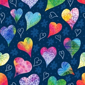 whimsical rainbow hearts on navy normal scale 12"