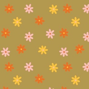 Retro Groovy Daisy Flower pattern, green, pink, yellow orange, avocado green simple floral