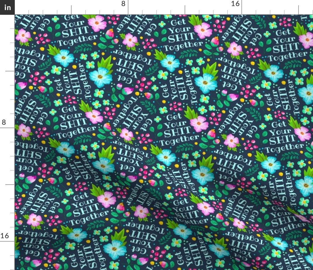 Medium Scale Get Your Shit Together Sarcastic Sweary Floral on Navy