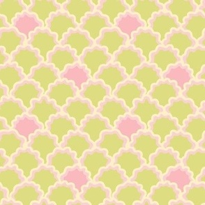 Lime green and rose pink pastel turkey tail mushroom inspired scallops - home decor, quilt fabric