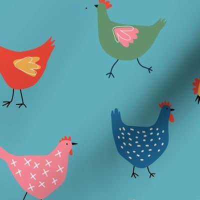 Happy Chickens on Blue bright - 3 inch
