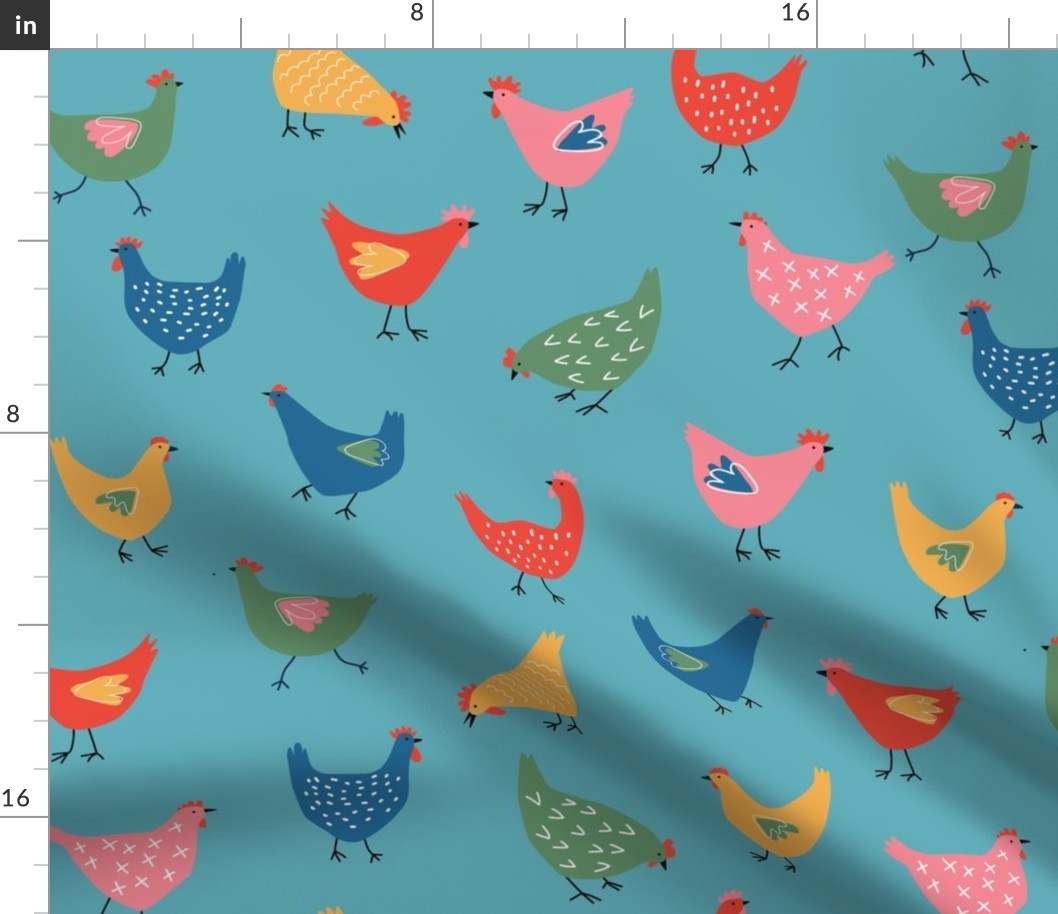 Happy Chickens on Blue bright - 3 inch