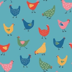 Happy Chickens on Blue bright - 1 1/2 inch