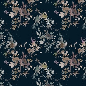 Midnight Blue, Moody Floral,  Dark Watercolor Wallpaper,  Artistic Brush Strokes, Upscale Pattern, Muted Florals