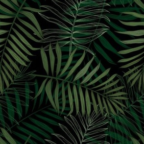 Solid and Line art Green Palm Fronds on Black
