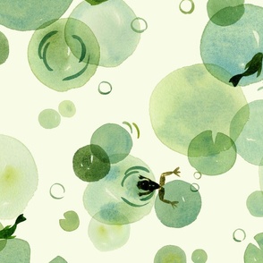 Large | Calming Watercolor Pond Life - Hidden Leap Year Frogs And Fishes 