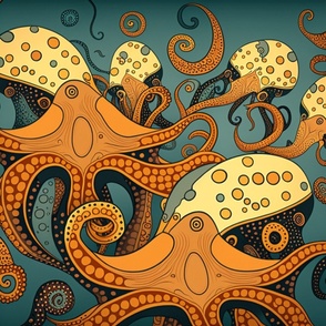 Large Scale, Orange and Yellow Octopus, Blue Background