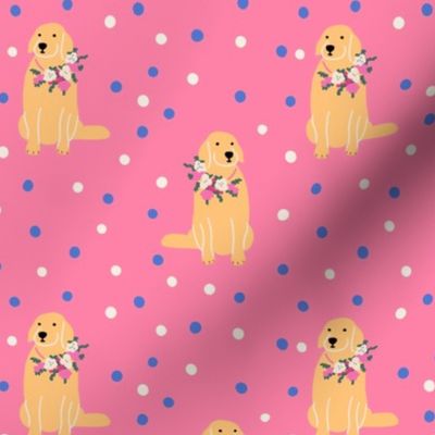 Golden retriever dog with flower necklace / pink