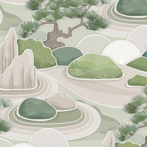 Japanese Moss Garden- Zen Garden- Calming Neutrals- Bonsai- Rock Garden- Japandi- Moss Green- Earthy Green Wallpaper- Taupe- Beige- Ecru- Khaki- Large