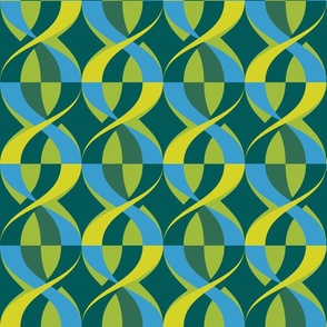 Twister in rich shades of green with accents in blue and yellow.