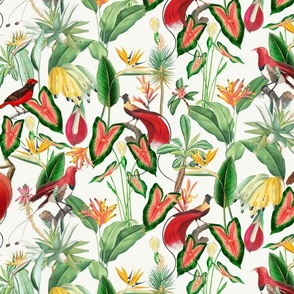 Exotic Jungle Beauty:  A Vintage Mysterious Botanical Tropical Pattern, Featuring leaves  blossoms, fruits and tropical birds of paradise on a white background 