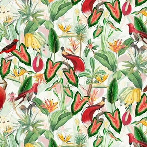 Exotic Jungle Beauty:  A Vintage Mysterious Botanical Tropical Pattern, Featuring leaves  blossoms, fruits and tropical birds of paradise on a white background double layer