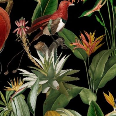 Exotic Jungle Beauty:  A Vintage Mysterious Botanical Tropical Pattern, Featuring leaves  blossoms, fruits and tropical birds of paradise on a black background 