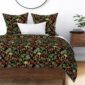Exotic Jungle Beauty:  A Vintage Mysterious Botanical Tropical Pattern, Featuring leaves  blossoms, fruits and tropical birds of paradise on a black background 