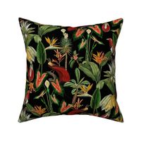 Exotic Jungle Beauty:  A Vintage Mysterious Botanical Tropical Pattern, Featuring leaves  blossoms, fruits and tropical birds of paradise on a black background 