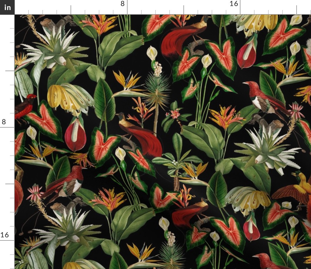 Exotic Jungle Beauty:  A Vintage Mysterious Botanical Tropical Pattern, Featuring leaves  blossoms, fruits and tropical birds of paradise on a black background 