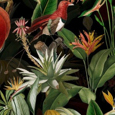 Exotic Jungle Beauty:  A Vintage Mysterious Botanical Tropical Pattern, Featuring leaves  blossoms, fruits and tropical birds of paradise on a black background  double layer